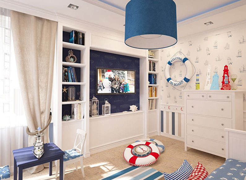 Design de um quarto infantil pequeno em estilo marinho