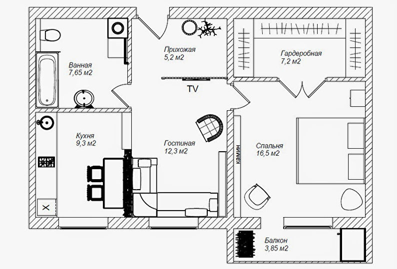 Interiér 2-izbového bytu, 58 m2.