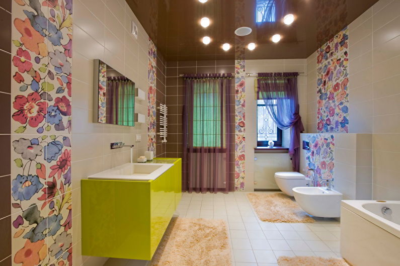 Brown glossy stretch ceiling in the bathroom - photo