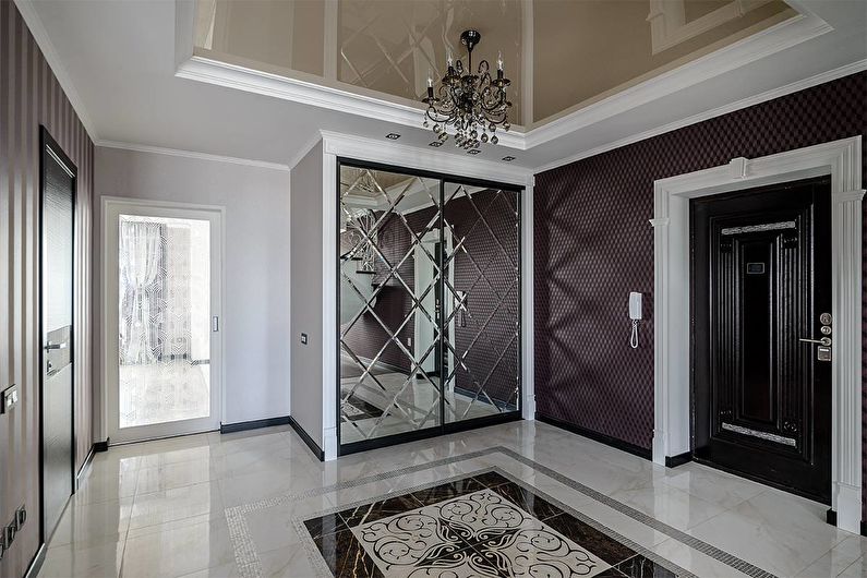 Beige stretch ceiling in the hallway and corridor - photo