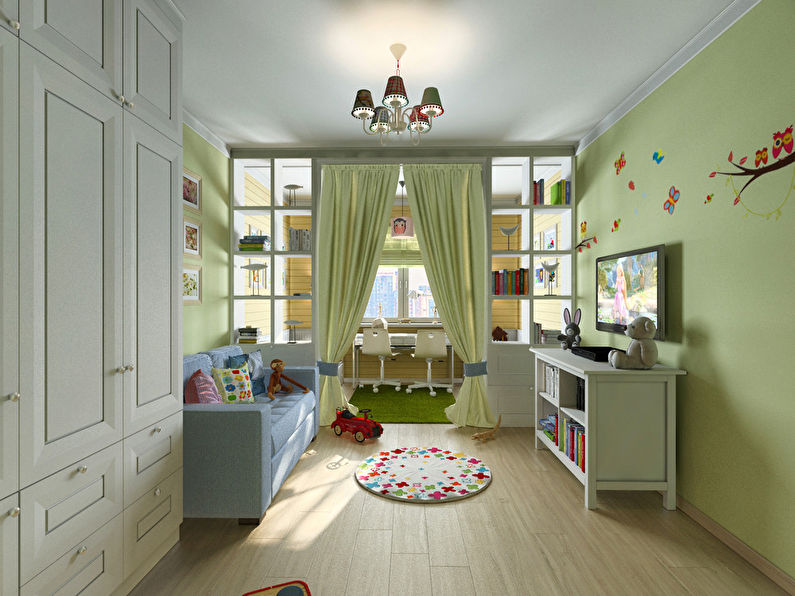 Interior de una habitación infantil para niño y niña, 20 m2