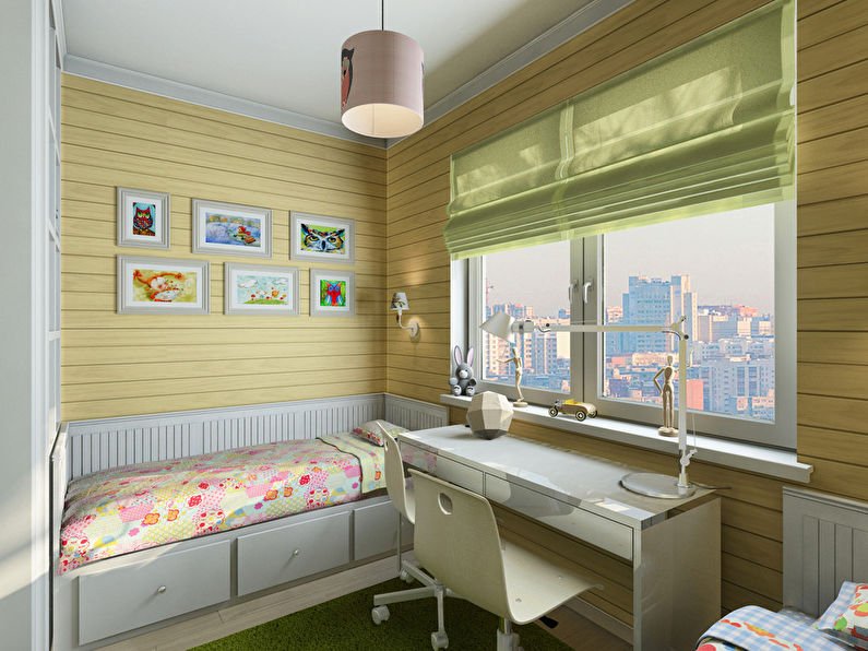 Interior de una habitación infantil para niño y niña, 20 m2