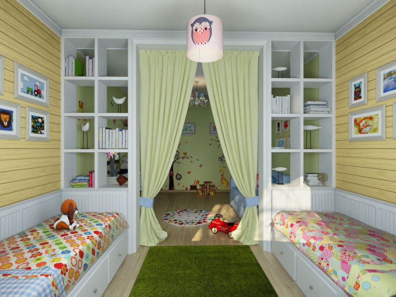 Interior de una habitación infantil para niño y niña, 20 m2