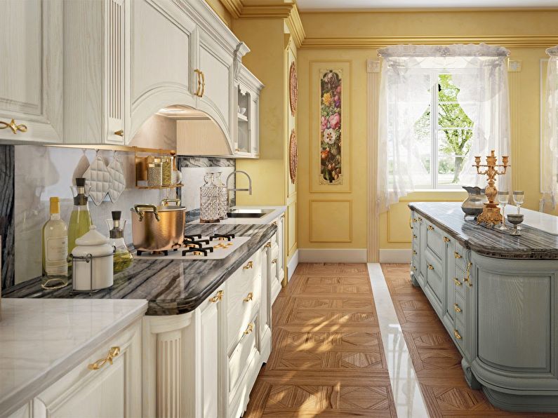 Interno cucina in stile italiano, combinazioni di colori