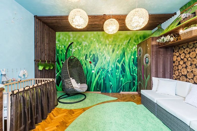 Binnenlands ontwerp van een slaapkamer en een kinderdagverblijf in één ruimte - foto