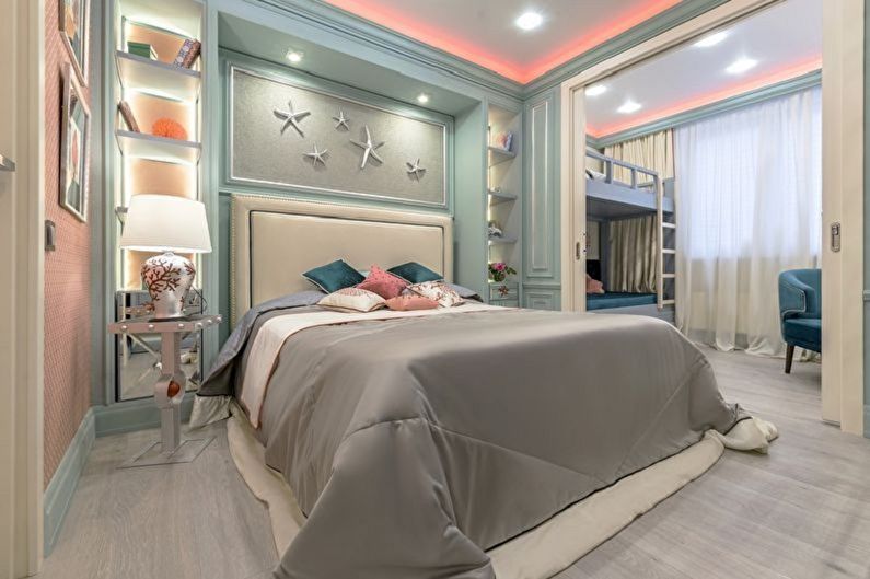 Interior design of a bedroom and a nursery in one room - photo