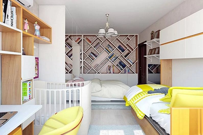 Diseño interior de un dormitorio y una guardería en una habitación - foto