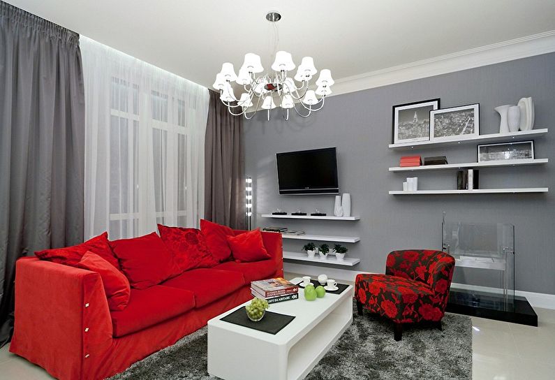 Grijze kleur in het interieur - een combinatie met rood