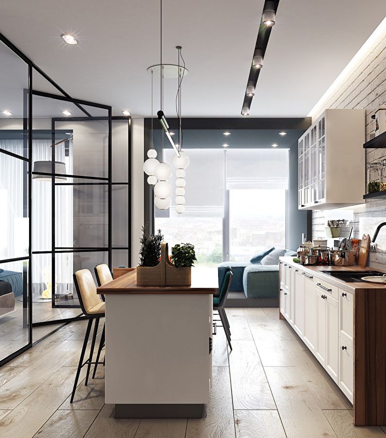 Glass partitions in the interior of the kitchen / dining room