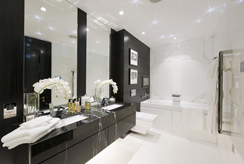 The combination of colors in the interior of the bathroom - white with black