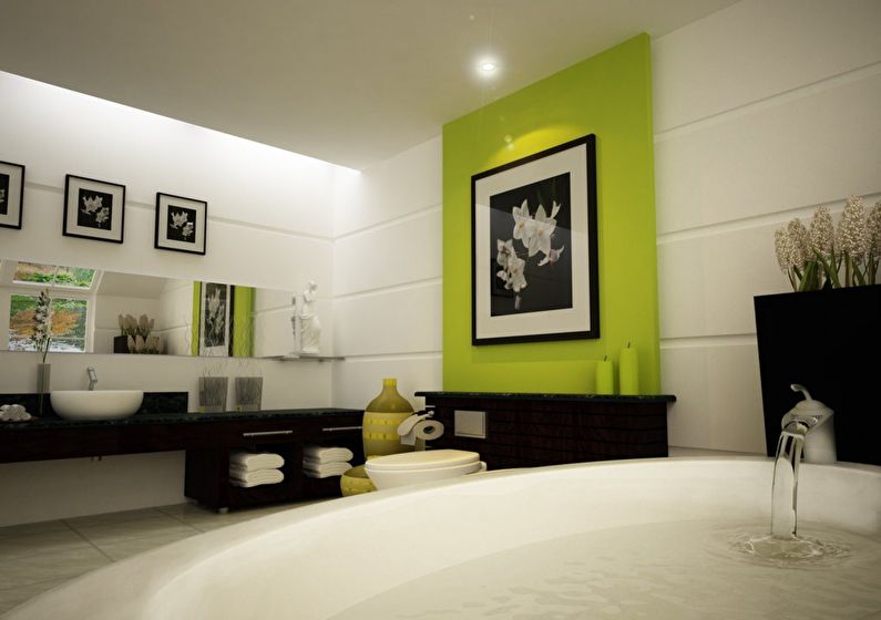 La combinación de colores en el interior del baño: blanco con negro y verde.