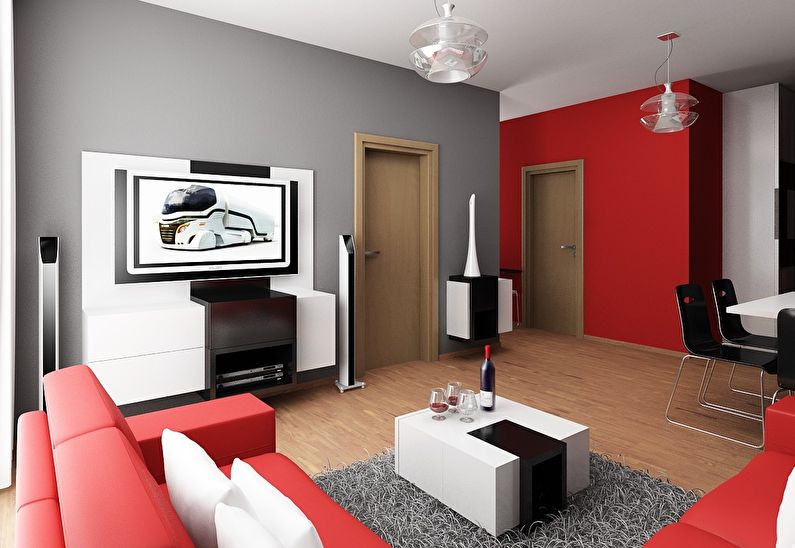 La combinación de colores en el interior de la sala de estar: gris con rojo