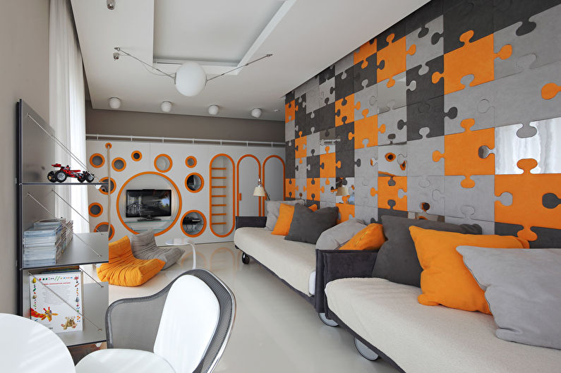 La combinación de colores en el interior de la habitación de un niño: gris con naranja