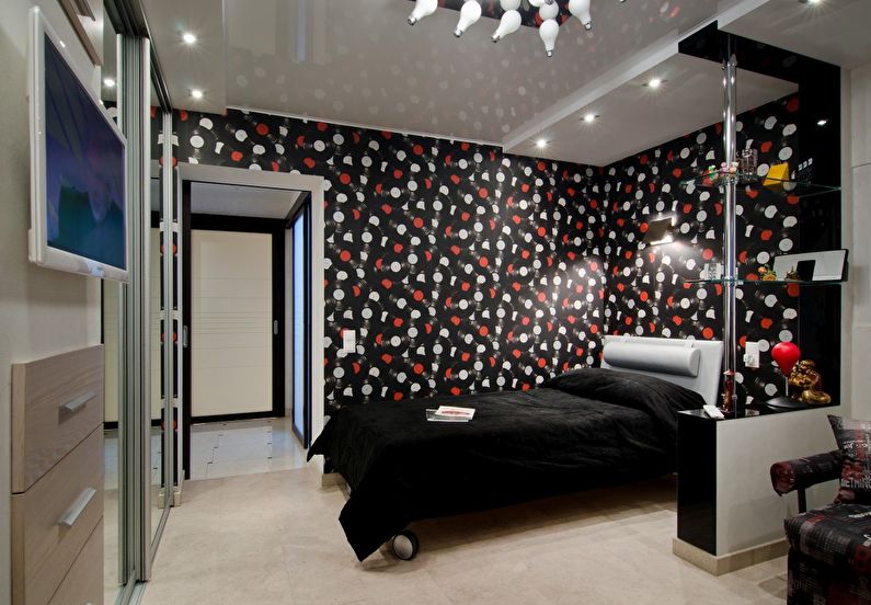 The combination of colors in the interior of the bedroom - black with red and white