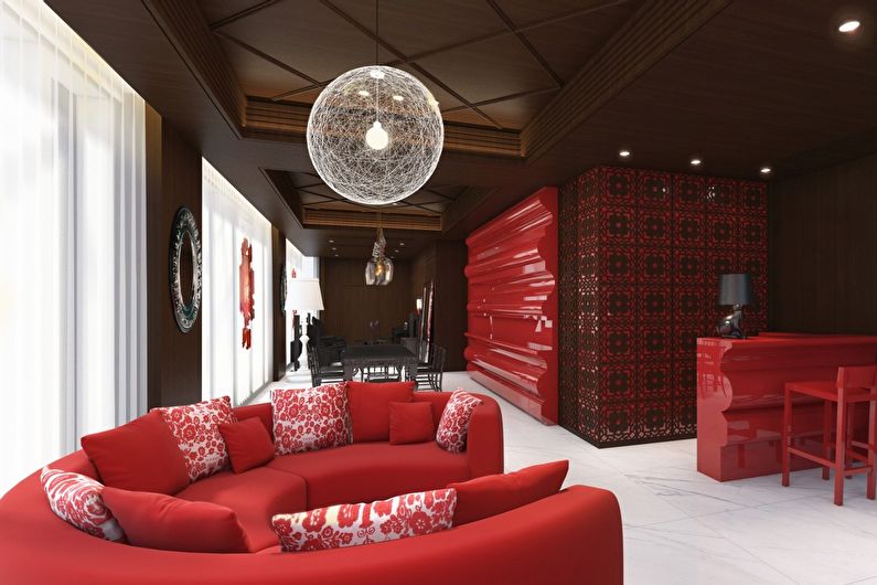 La combinaison de couleurs à l'intérieur du salon - rouge avec brun et blanc