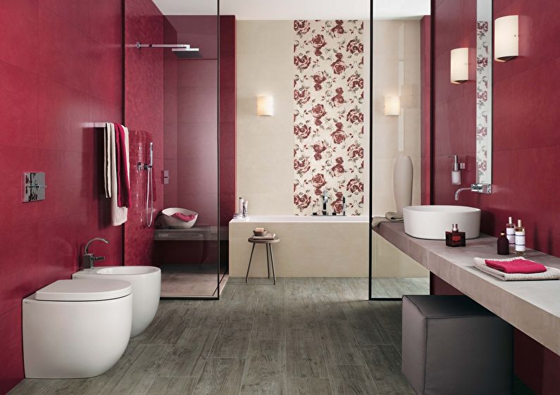 The combination of colors in the interior of the bathroom - red with beige, gray and white