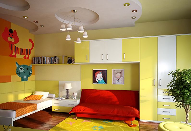 A combinação de cores no interior do quarto das crianças - amarelo com vermelho e laranja