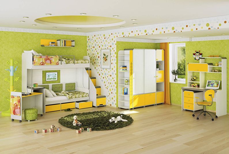 De combinatie van kleuren in het interieur van de kinderkamer - groen met geel en wit