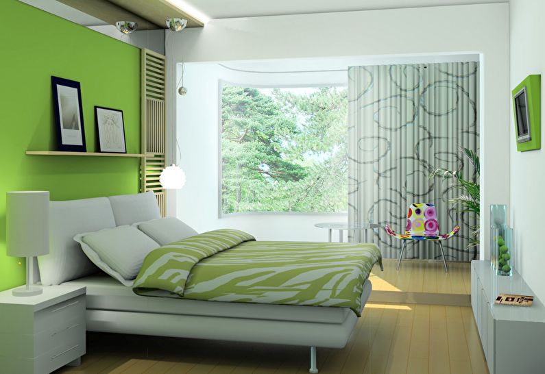 La combinación de colores en el interior de la habitación: verde con blanco.