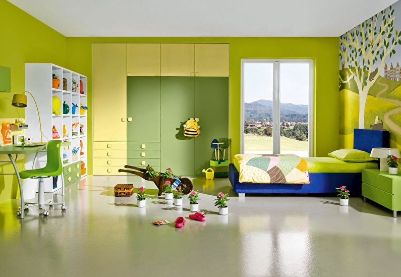 The combination of colors in the interior of the children's room - green with yellow, blue and white