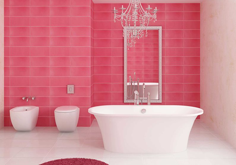 The combination of colors in the interior of the bathroom - pink with white