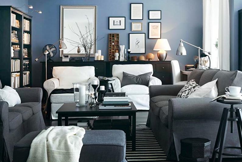 The combination of colors in the interior of the living room - blue with gray