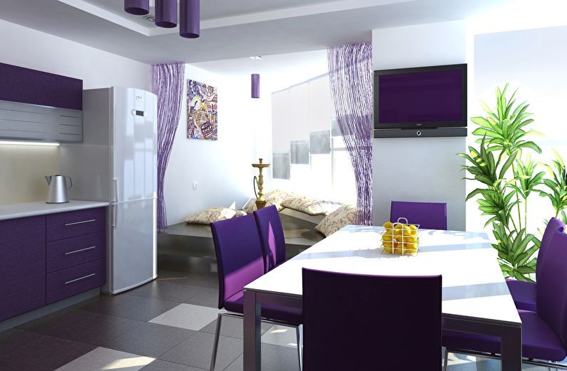 A combinação de cores no interior da cozinha - roxo com branco