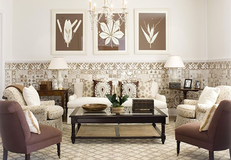 The combination of colors in the interior of the living room - brown with white and beige