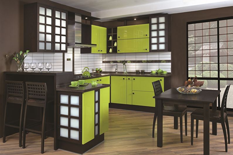 The combination of colors in the interior of the kitchen - brown with green