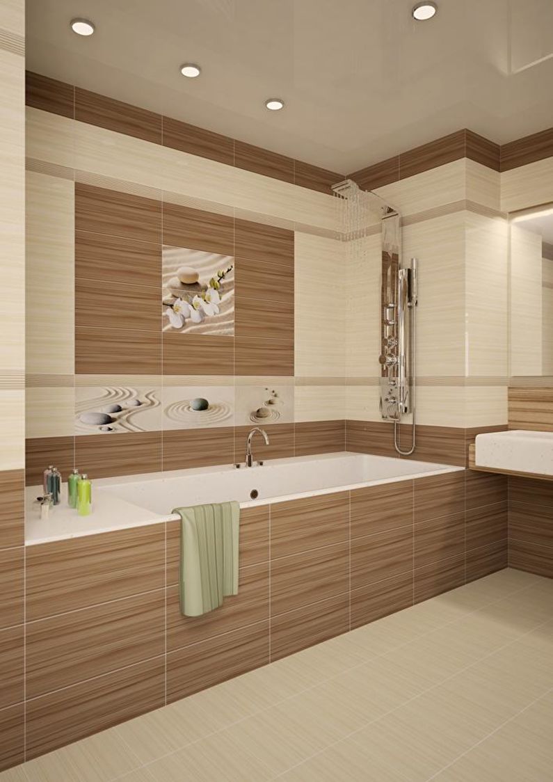 The combination of colors in the interior of the bathroom - brown with white and beige