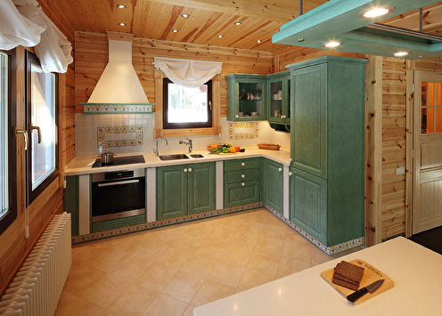 Kitchen design in a wooden house