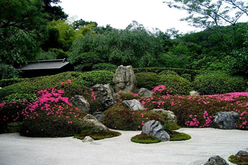 Jardín de piedra - Macizo de flores en la cabaña, ideas para el diseño del paisaje