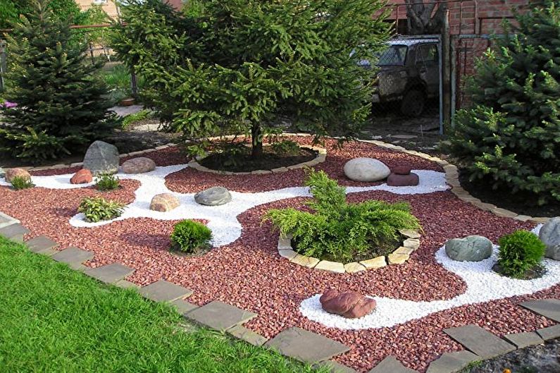 Jardín de piedra - Macizo de flores en la cabaña, ideas para el diseño del paisaje