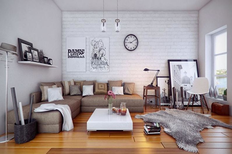 Brick wall in the living room interior - photo