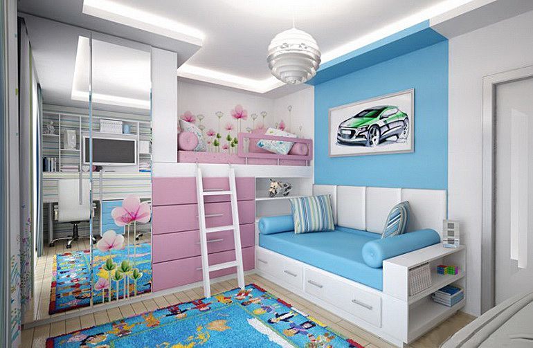 Design de interiores de um quarto infantil para crianças heterossexuais