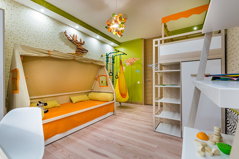 Diseño interior de una habitación infantil para niños heterosexuales.