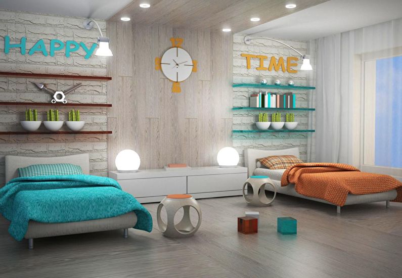 Design de interiores de um quarto infantil para crianças heterossexuais