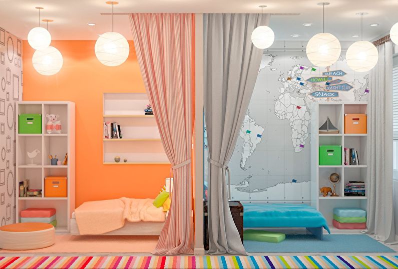 Design de interiores de um quarto infantil para crianças heterossexuais