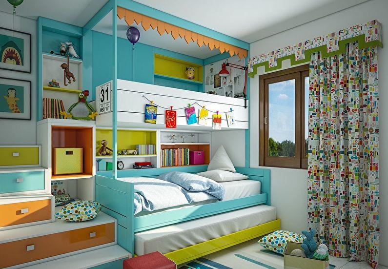 Diseño interior de una habitación infantil para niños heterosexuales.