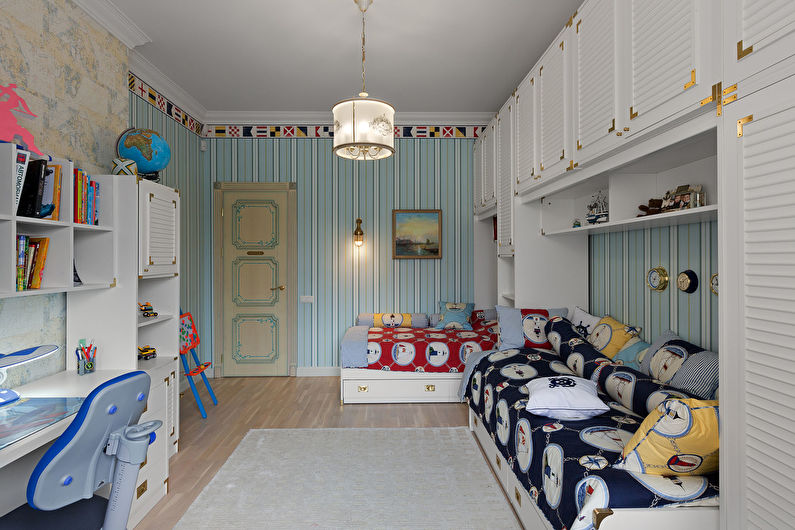 Diseño interior de una habitación infantil para niños heterosexuales.