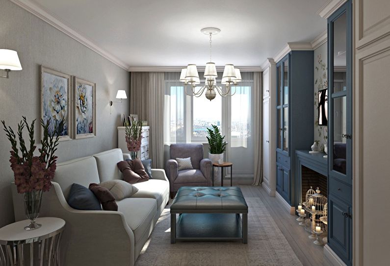 Blue living room in Khrushchev - interior design