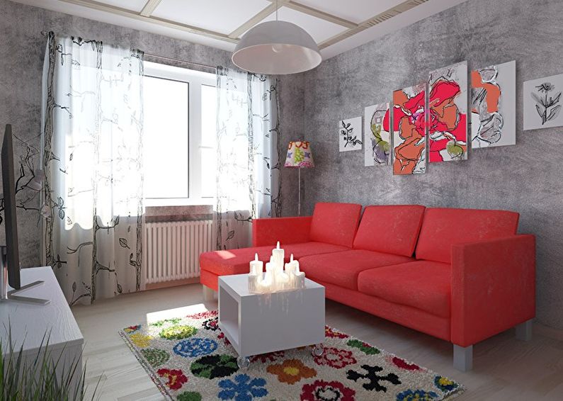 Red living room in Khrushchev - interior design