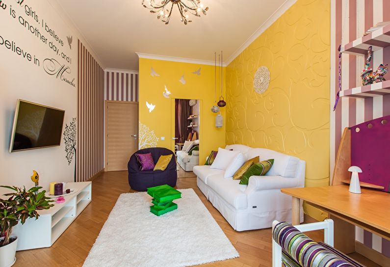 Yellow living room in Khrushchev - interior design