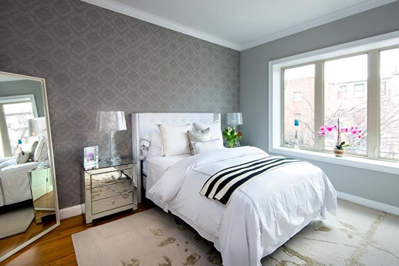 Gray wallpaper in the bedroom - Interior design photo