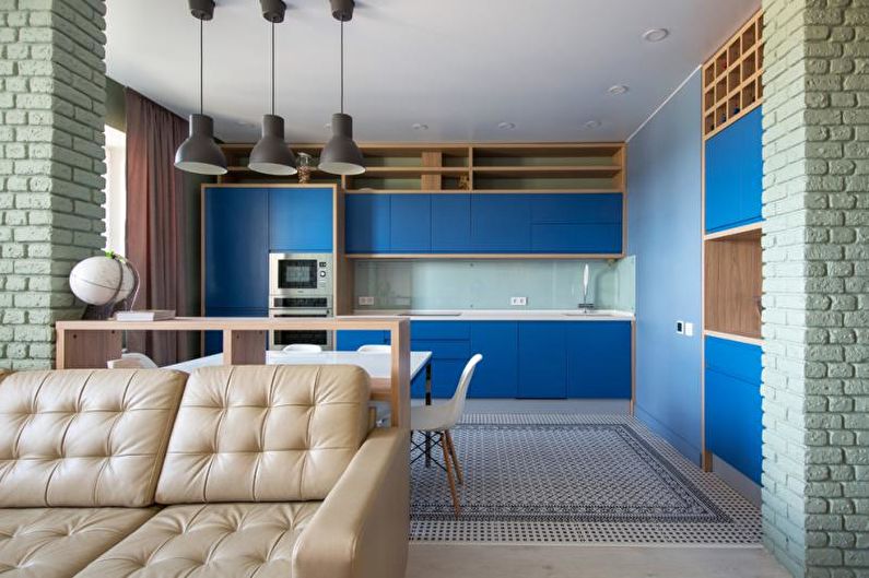 Kitchen interior design in blue tones - photo