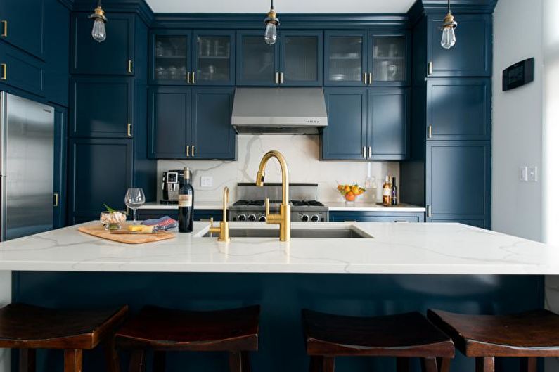 Kitchen interior design in blue tones - photo