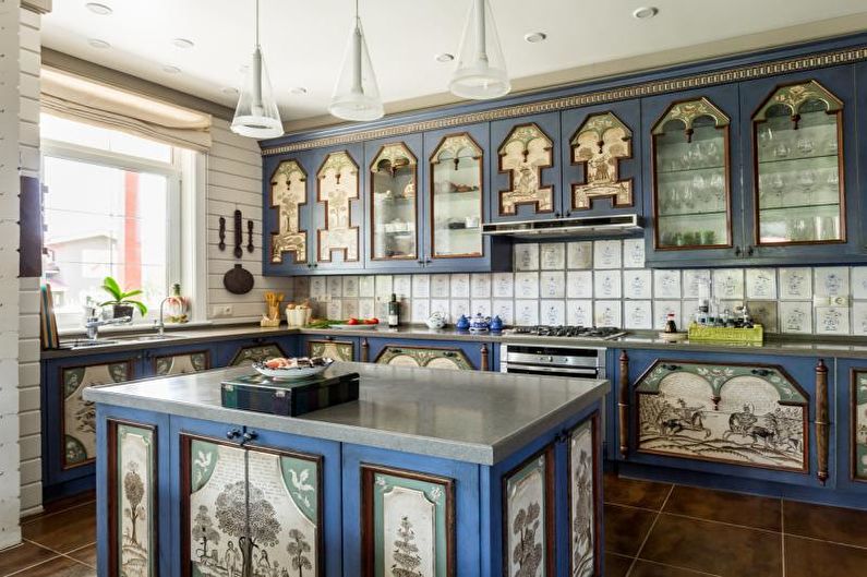 Kitchen interior design in blue tones - photo