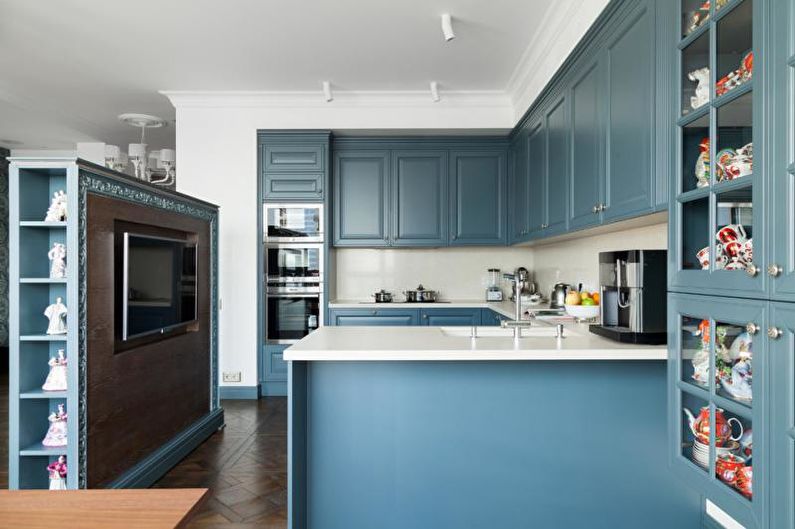 Kitchen interior design in blue tones - photo