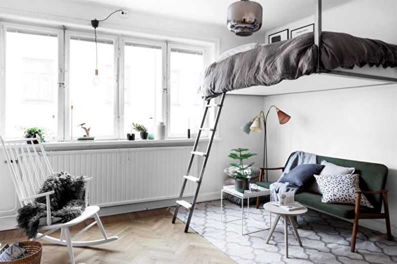 One-room apartment design 33 sq.m. - Loft bed