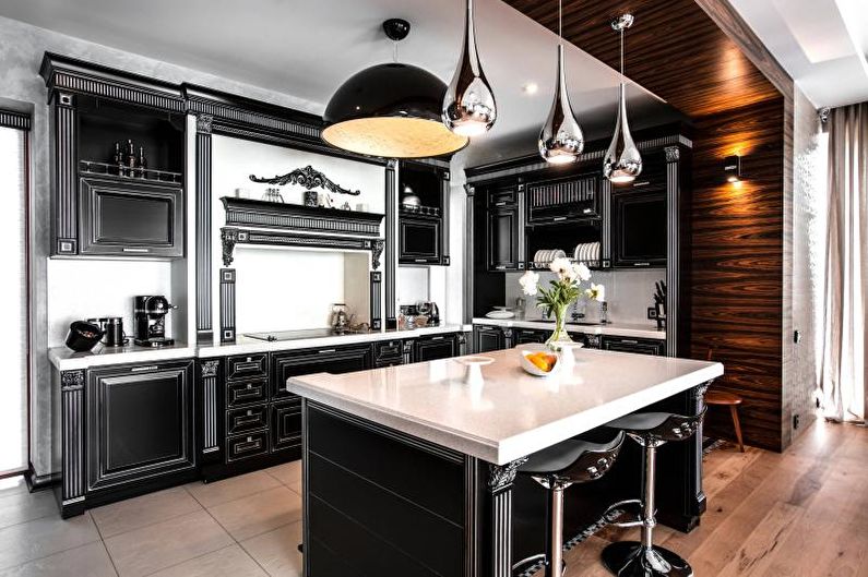 Cocina en blanco y negro en un estilo clásico - Diseño de interiores